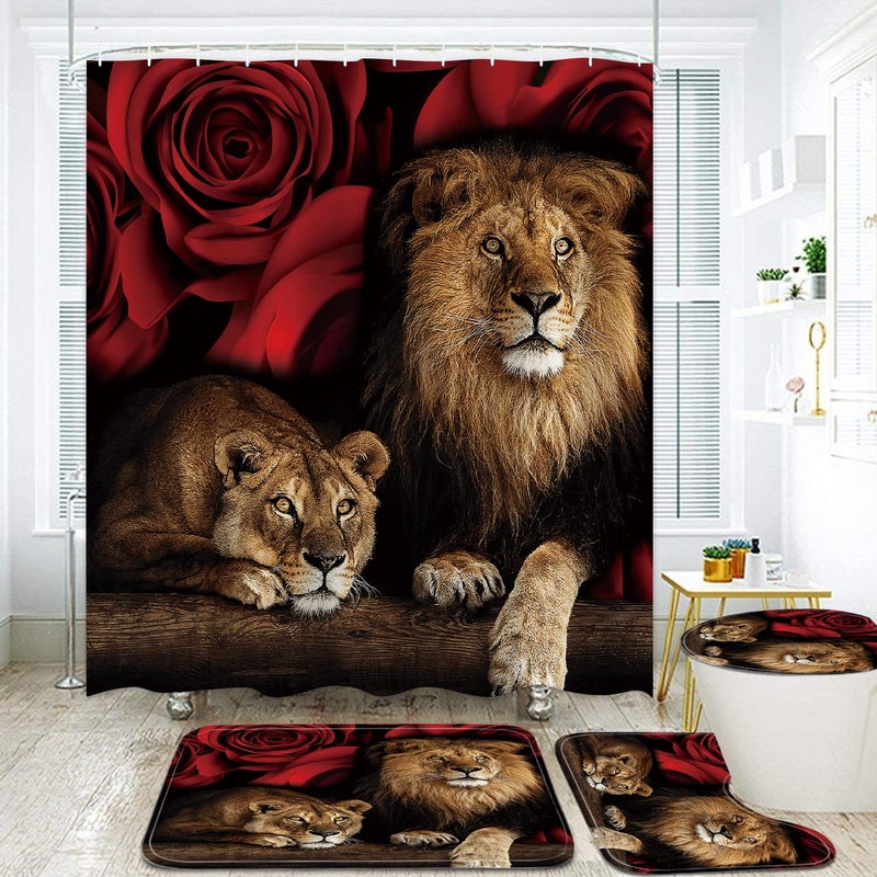 jieprom 4PCS Red Rose and Lion Shower Curtain Bathroom Set with Rugs  Toilet Lid Cover and Bath Mat  Red Shower Curtain with 12 Hooks  Complete Bathroom Accessories Decor Set - Image 1